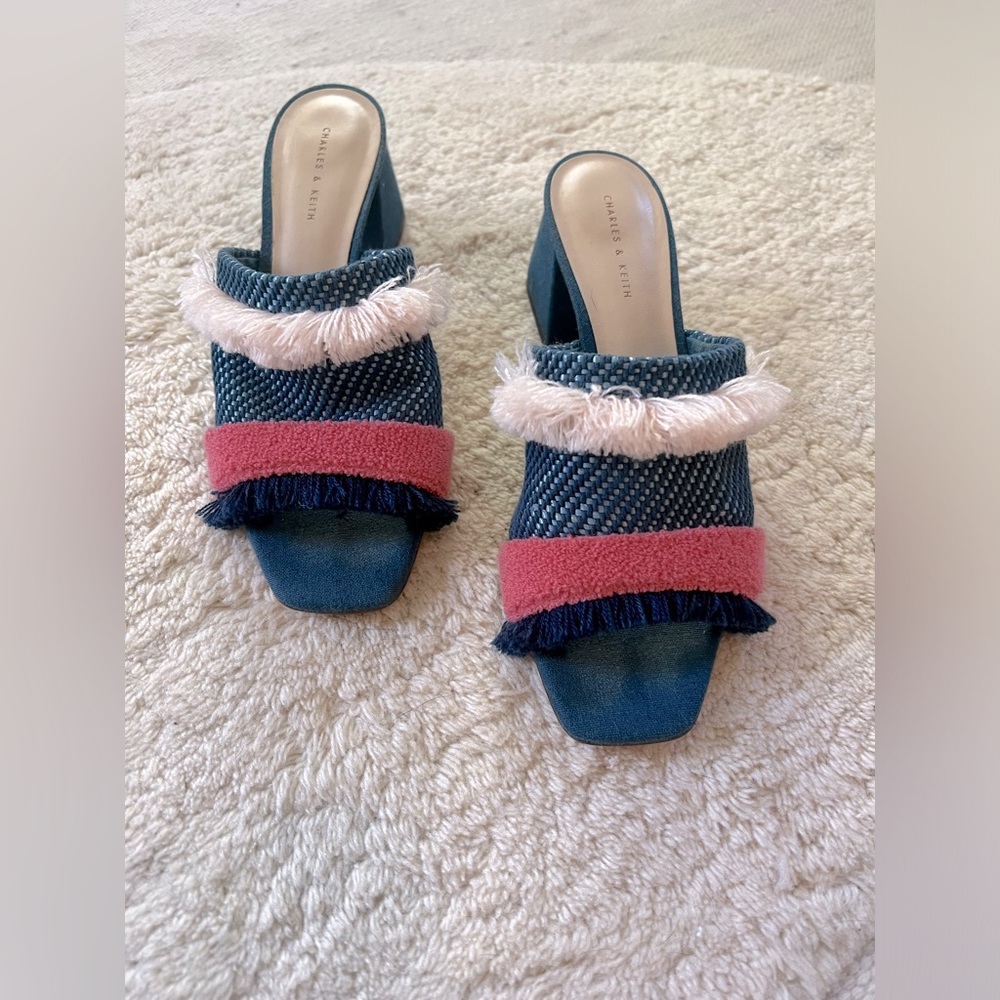 Charles & Keith Woven Fringe Mixed Media Slides Mules Heels Navy Red Pink 9 / 39